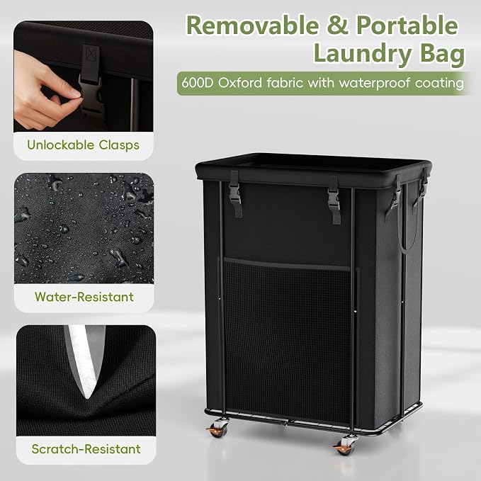 Laundry Hamper with Wheels and Lid, 200L Large Rolling Laundry Basket Black | Heavy Duty Clothes Organizer, Sturdy Metal Frame, Lockable Swivel Casters, Removable Bag, For Bedroom, Bathroom, Laundry Room