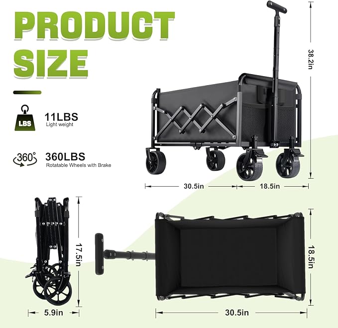 Collapsible Foldable Wagon Cart with Wheels - 360LBS Folding Utility Wagon Cart with Brakes, Lightweight Portable All-Terrain Wagons for Groceries Garden Beach Shopping Camping, 2 Cup Holders/Black