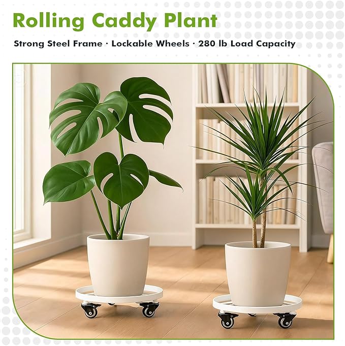 3 Packs Large Metal Plant Caddy 12.6 Inches Plant Dolly with Wheels Heavy-duty Rolling Wheeled Plant Stand with Casters for Indoor Outdoor Plant Dolly Mover Rollers Coasters White, Strong Load Capacity