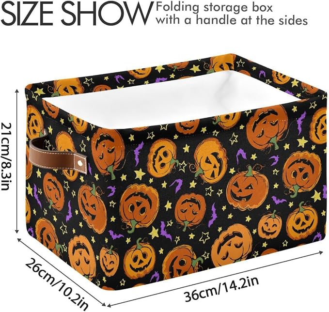 Halloween Pumpkin Spooky Storage Basket Fabric Kitchen Baskets Purple Bat Black Open Home Storage Bins Boxes Foldable Organizer Bag for Baby Cloth Book Shelf Closet Baskets 2 Pack 16×12×8 Inches