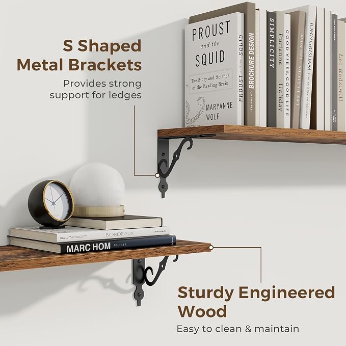 RICHFOCUS Floating Shelves for Wall Decor, 35.4W x 8D Wall Shelves Set of 2, 8 Inch Deep Rustic Wood Shelves Wall Mounted with Brackets, Long Shelves for Living Room Bedroom Kitchen, Rustic Brown