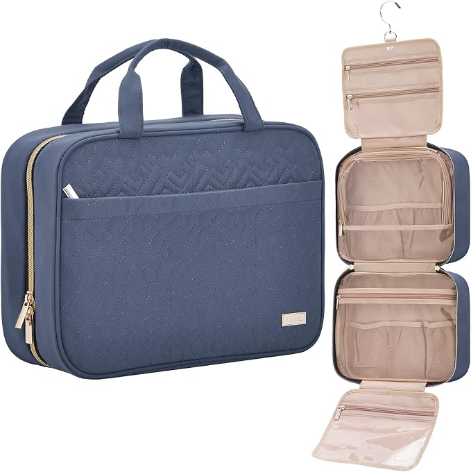 NISHEL Travel Toiletry Bag for women, Portable Hanging makeup Organizer | for Travel-Sized Shampoo, Conditioner, Brushes Set, makeup Accessories, Large Size, Aegean-Blue