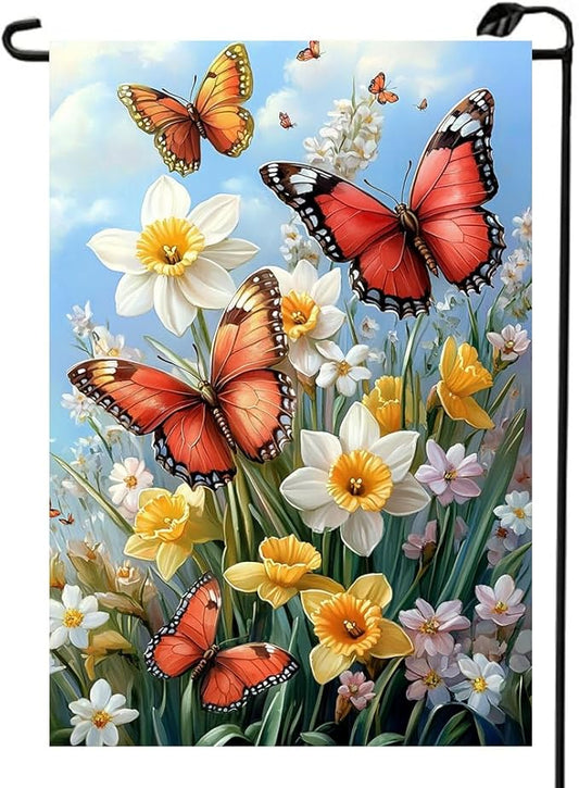 Spring Summer Garden Flag 12x18 Double Sided, Small Burlap Outdoor Butterfly Flowers Yard Lawn Porch Flags Spring Summer Decorations for Outside