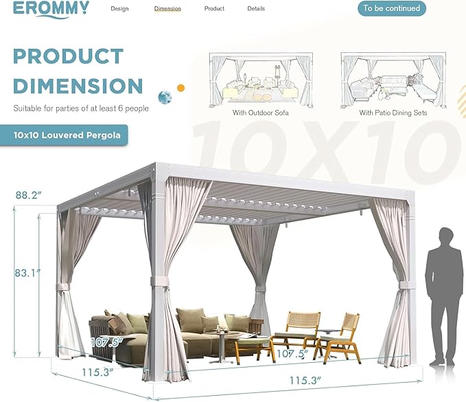 EROMMY Louvered Pergola 10x10, Outdoor Aluminum Pergola with Adjustable Rainproof Roof for Garden, Patio, Deck, Waterproof Curtains and Netting Included, White