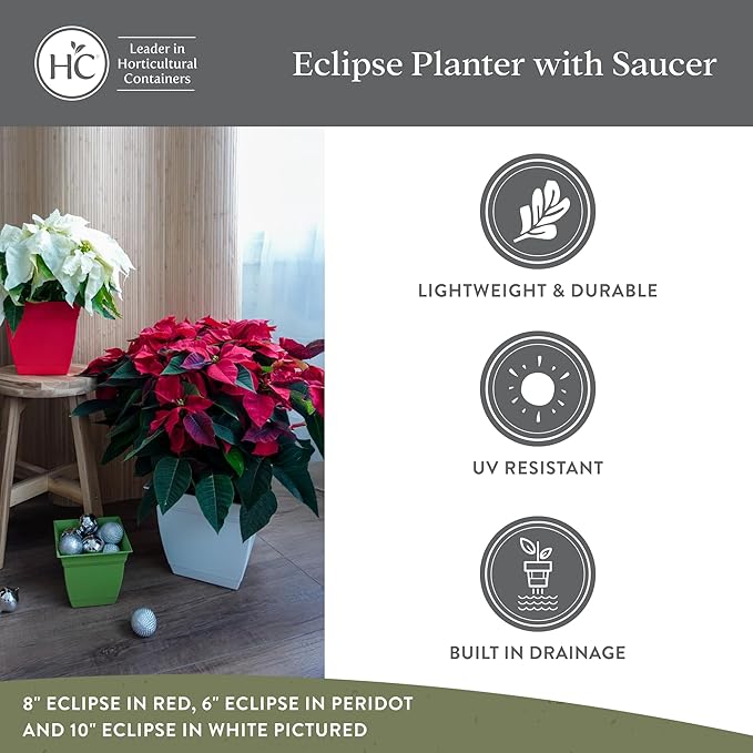 The HC Companies 8 Inch Eclipse Square Planter Pots with Drainage Holes & Attached Saucer, Lightweight UV-Resistant Plastic Indoor Outdoor Planters, 4-Pack Flower Pots for Garden Home Decor, Sandstone