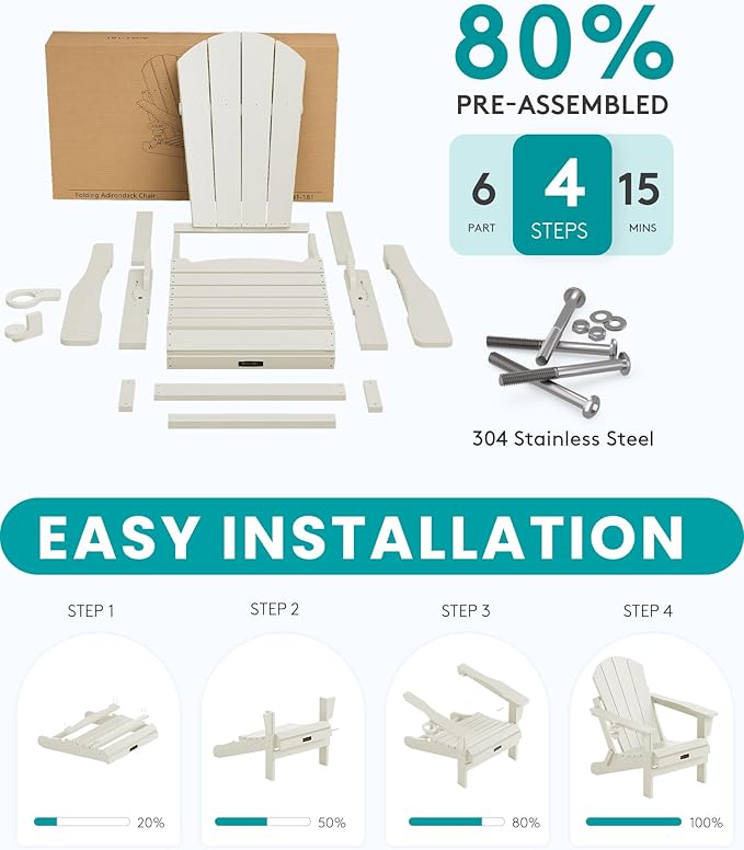 SERWALL Folding Adirondack Chair Set of 2, All Weather Patio Chair with with Cup Holder, Wood Texture, Fire Pit Chairs for Outdoor - White