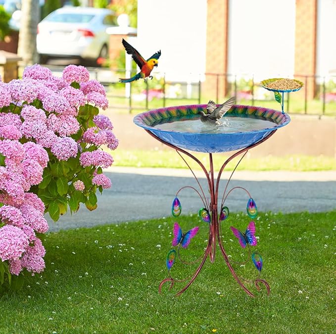 VEWOGARDEN 20" Dia Large Bird Bath for Outside, Metal Outdoor Birdbath with Stand & Feeding Tray for Garden, Yard, Patio Decor