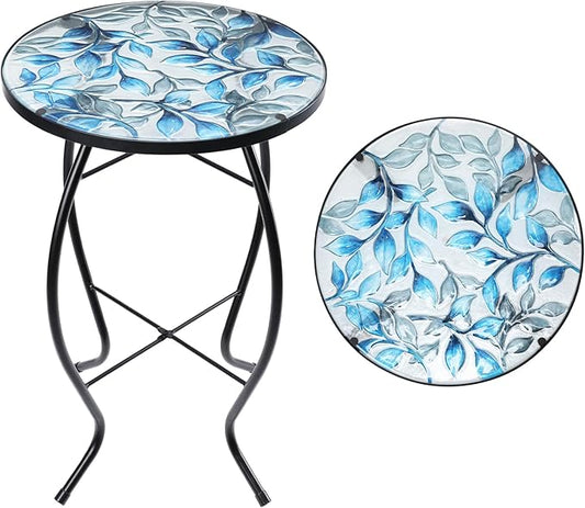 MUMTOP Side Patio Tables-Mosaic Outdoor Side Table - 14’’ Blue and Transparency Leaf Glass Accent Round EndTable, Plant Stand Indoor Small CoffeeTable for Garden or Living Room Decor