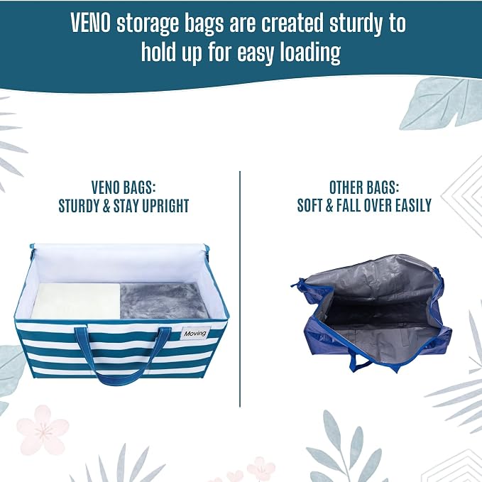 VENO Moving Bags, Wide Open Top, Clear Window, Classic Navy Stripe, 4 Pack