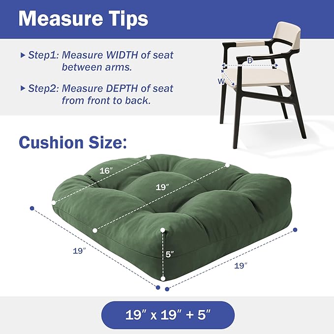 IPYNBAP Outdoor Chair Cushions Set of 2, Patio Chair Cushions with Ties, 19x19+5” Tufted Outdoor Seat Cushions, Waterproof Patio Furniture Cushions, Outdoor Dining Chair Pads, Forest Green (Pack of 2)