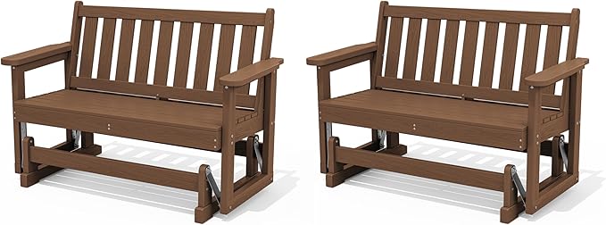 SERWALL Outdoor Glider Bench Set of 2, HDPE Weather-Resistant Swinging Bench for Backyard Garden Porch, Brown