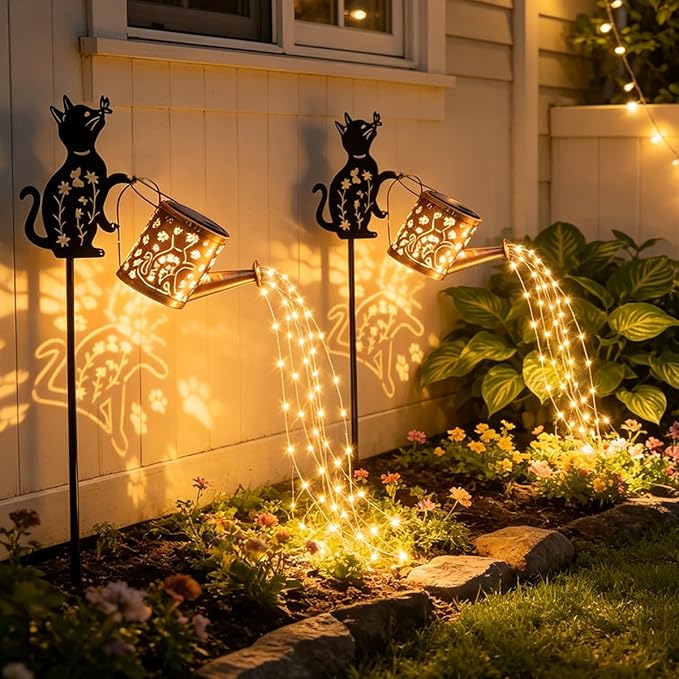 Outdoor Solar Cat Garden Decorative, 2 Pcs Solar Watering Can with Light, Featuring Metal Cat Silhouette Stake, Day Gift for Women, Outdoor Waterproof,for Landscape,Lawn, Garden Path Decor