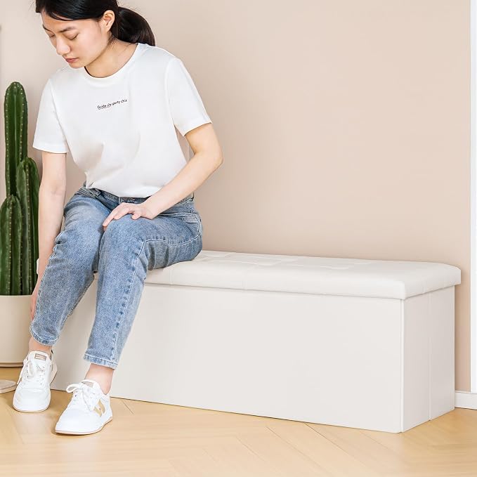 PINPLUS Folding Storage Ottoman Bench with Tray, Beige Faux Leather | Ottoman Storage Chest with Removable Tray, Footrest and Coffee Table Use for Living Room, Bedroom and Entryway