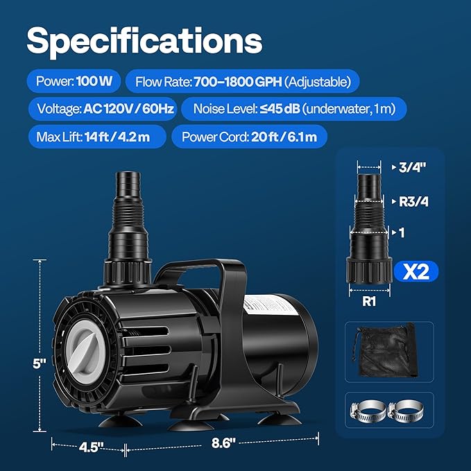 VIVOHOME 100W Adjustable Flow Submersible Water Pump, 700-1800GPH Stepless Flow Control, 14ft Max Lift, 180° Seamless Adjustable Nozzle and Barrier Pump Bag for Pond, Aquarium, Fountain, Waterfall