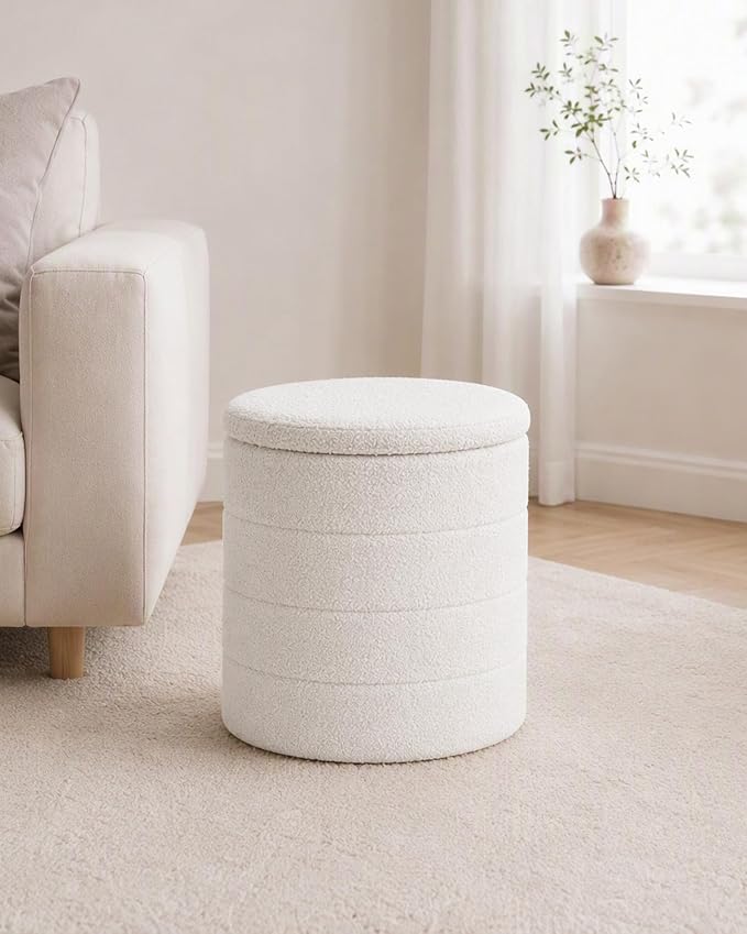 B FSOBEIIALEO Folding Storage Ottoman, Round Sherpa Ottomans, Cream White