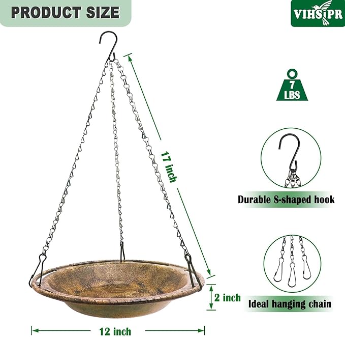 Hanging Bird Bath & Feeder Bowl, 12 in Outdoor Bird Bath with Chains, Backyard Garden Decor, Durable Weather-Resistant PP, Antique Copper Finish – 1 Pack