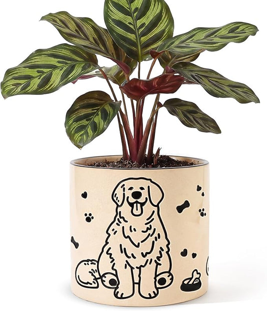 STHIE Ceramic Plant Pots with Drainage Holes, 5 inch Round Flower Pots for Indoor Plant, Cute Flower Planters for Snake Plant, Hand-Painted Garden Pots (Sitting Dog)