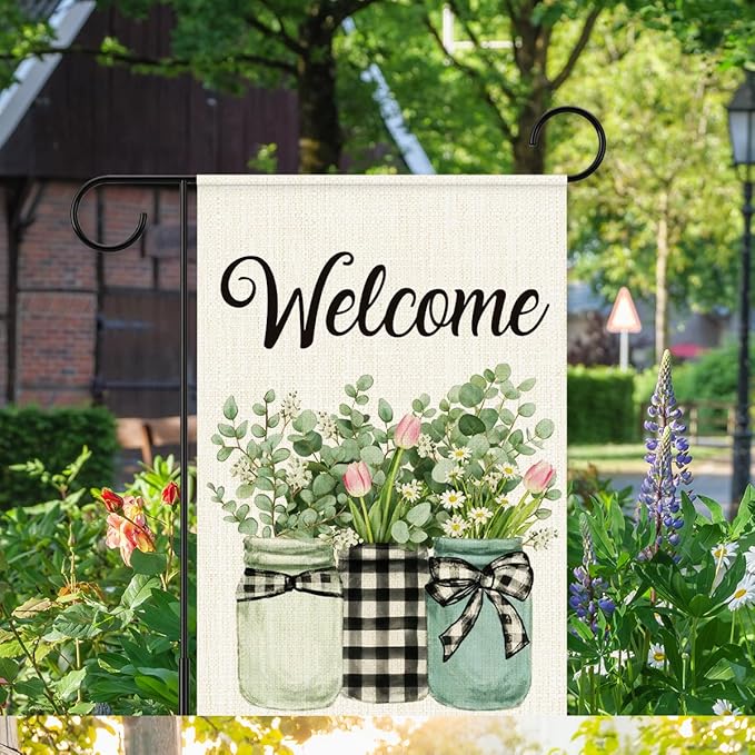 Welcome Flags for Outside,Spring Eucalyptus Buffalo Plaid Garden Flag for Yard Patio Lawn Decoration,12x18 Inch Double Sided