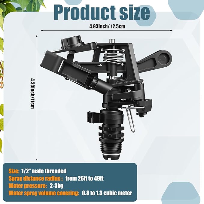 Honoson 1/2 Inch Plastic Impact Sprinklers Heads Adjustable 0-360 Degree Pulsating Oscillating Watering Sprinkler Head for Garden Law Grass Yard Irrigation Supplies(4 Pcs,Black)