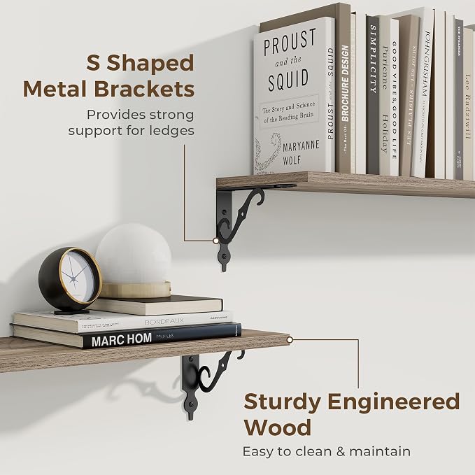 RICHFOCUS Floating Shelves for Wall Decor, 31.5W x 8D Shelves Set of 2, 8" Deep Rustic Wood Floating Shelves Wall Mounted with Metal Brackets, Shelves for Living Room Bedroom Kitchen, Grey