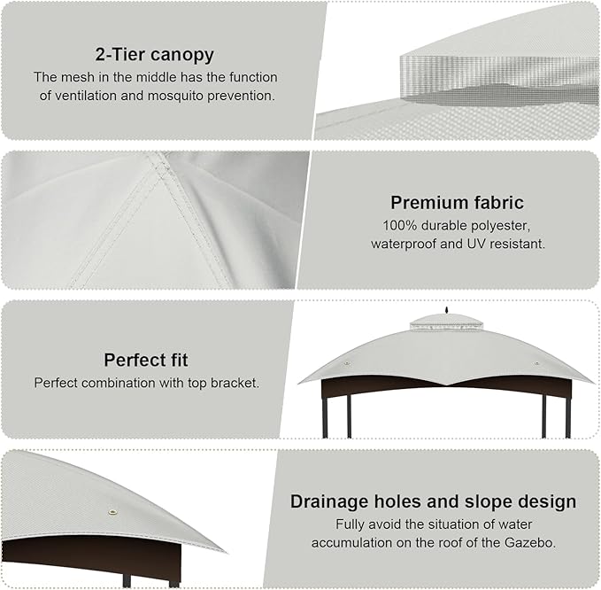 10x12 Gazebo Replacement Canopy Top Cover,Outdoor Double Tier Waterproof Canopy Roof for Lowe's Allen Roth Gazebo #GF-12S004B-1（Gray）
