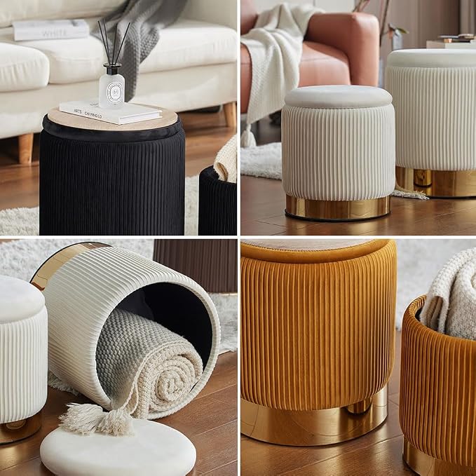 Round Ottoman with Storage Set of 2 Gray Velvet Vanity Stool
