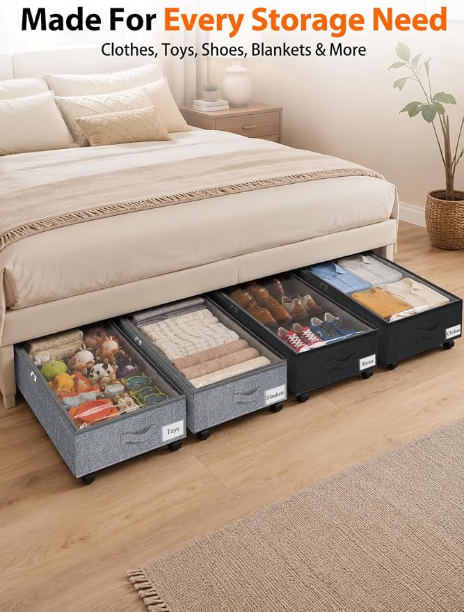 punemi 10 inch Tall 75L Under Bed Storage Bins with Wheels, 2-Pack, Gray