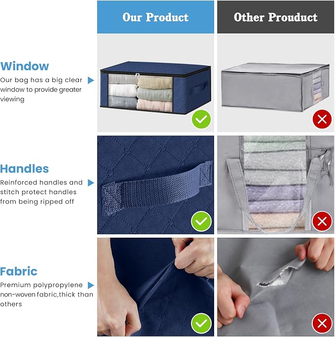 HomeHacks 4-Pack Clothes Organizer Storage Bags, 35L Storage Bins, Blue
