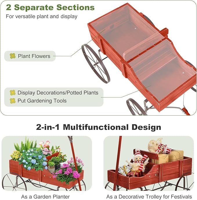 Wooden Wagon Planter, Decorative Flower Pots w/ 2 Planting Sections, Wheels & Handle, Rustic Farmhouse Garden Planter Box for Patio, Yard, Porch (Red)