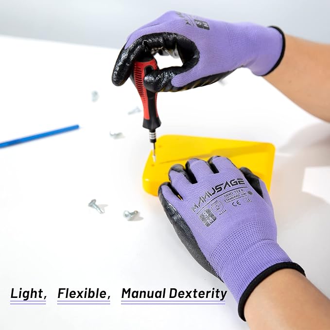 MANUSAGE Safety Work Gloves Nitrile For Men and Women, with Touchscreen Fingers, Men's Work Gloves with Grip, Mechanics Gloves (Size XXL, Purple, 12-pairs)