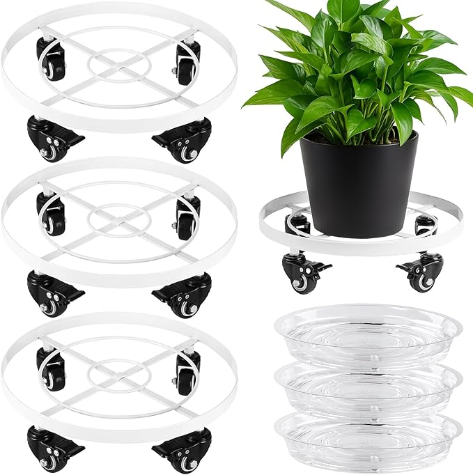 3 Packs Large Metal Plant Caddy 12.6 Inches Plant Dolly with Wheels Heavy-duty Rolling Wheeled Plant Stand with Casters for Indoor Outdoor Plant Dolly Mover Rollers Coasters White, Strong Load Capacity