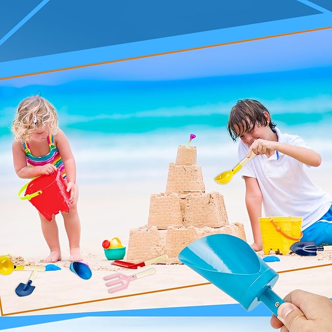 12 Pcs Beach Toys for Kids Metal Beach Sand Toys with Sturdy Wooden Handle Safe Beach Garden Tools Including Spoon, Fork, Rake, Flat and Pointed Shovel Digging Buckets Gifts for Kids