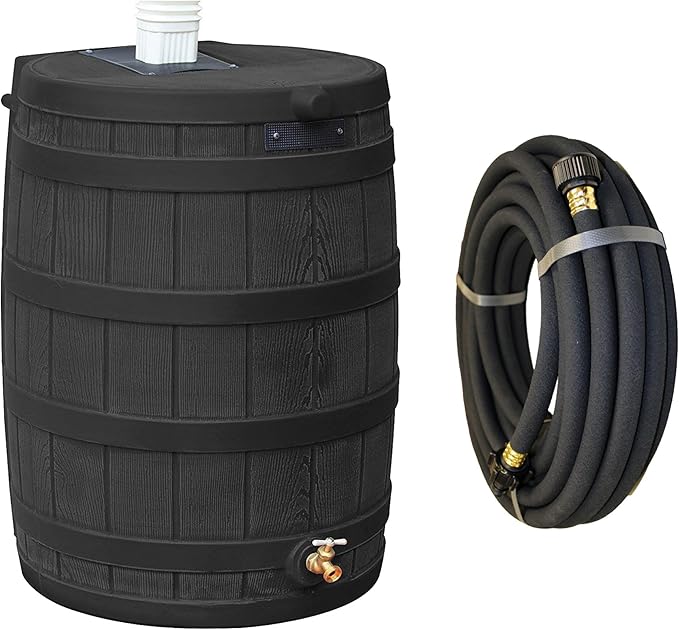 Good Ideas Rain Wizard 50 Gallon Plastic Rain Barrel, Black Bundled with 50 Foot Soaker Hose, Gradual Water Release to Plants, for 3/4" Spigots, Black
