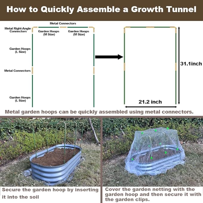 Metal Greenhouse Hoops Set for Raised Beds，21.2'' x 31.1'' Green Garden Hoops with Metal connectors,ABS Clip（Stainless Steel Spring） for Row Cover, DIY Grow Tunnel，5 Sets.