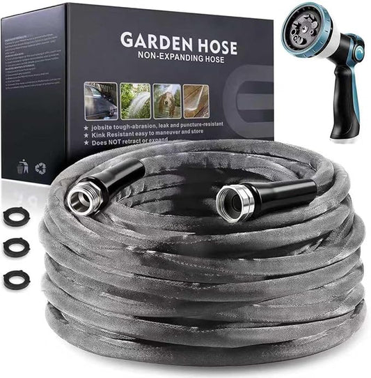 Non-Expandable Garden Hose 75feet, with 10 Function Hose Nozzle, Tough & Flexible, Lightweight, Crush Resistant Fittings, Kink & Tangle Free, Rust Proof