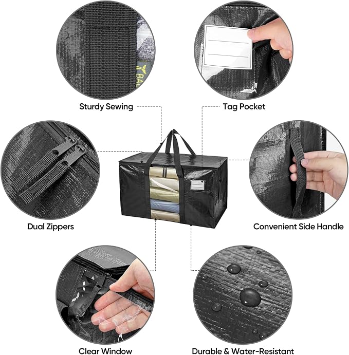 BALEINE 4-Pack Oversized Moving Bags with Reinforced Handles, Heavy-Duty Storage Tote Moving Supplies for Packaging, Camping (Black w/Window, 4-Pack)
