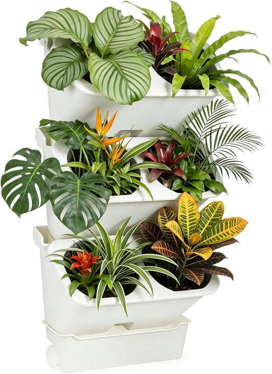 3-Tiers Vertical Wall-Mounted Planter with 6 Pots Vertical Garden Living Wall Planter Indoor Self-Watering Soil-Water Separation Stackable Plastic Planter for Herb Vegetable Flower Succulent (White)