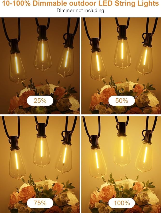 50FT Outdoor String Lights, Waterproof Patio Lights with Shatterproof ST38 Vintage Edison Bulbs, Connectable Outside Hanging Lights for Backyard, Porch, Deck, Balcony, Garden, 2500K Dimmable