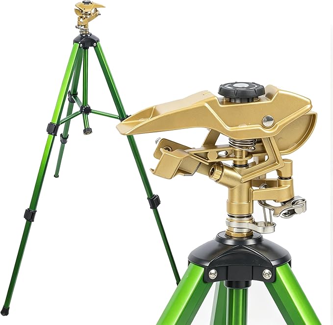 LIULO TOOL Large Impact Sprinkler on Tripod Base, Heavy Duty Zinc Alloy Sprinkler for Yard with Adjustable Head and Extendable Tripod, 360 Full Coverage Irrigation Tool for Lawn Garden