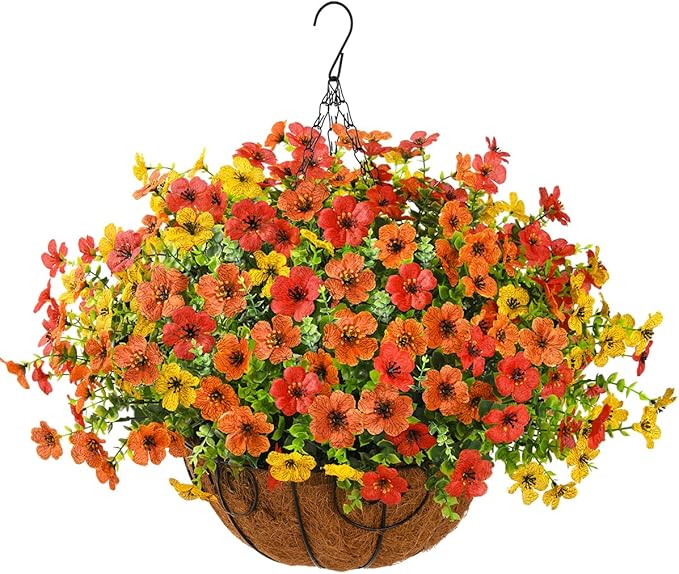 ZFProcess Artificial Faux Hanging Plants Flowers Basket for Fall Outdoor Decoration, Fake Silk Daisy in Planter Realistic UV Resistant Look Real for Porch Home Patio Balcony Yard(Red Orange Yellow)