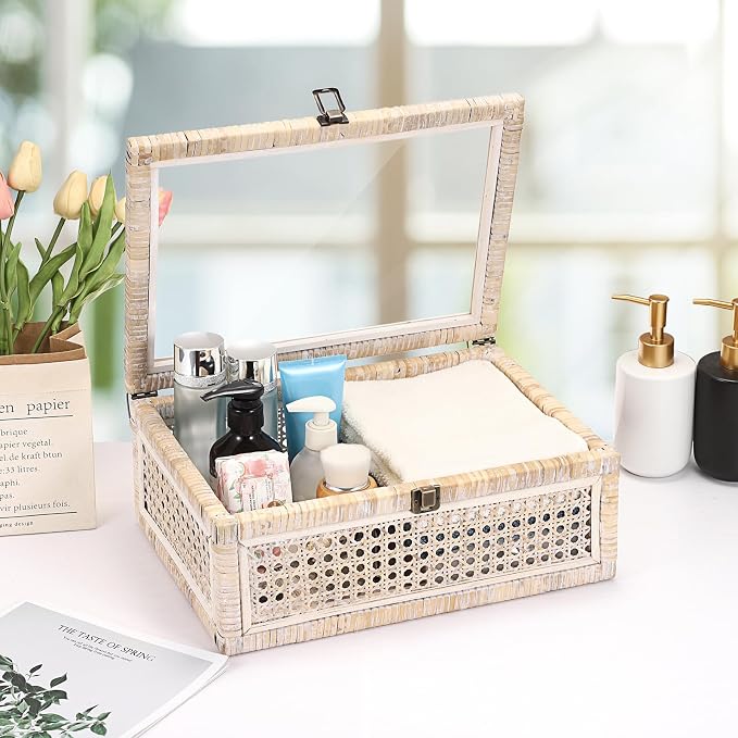 Hipiwe Handwoven Rattan Basket with Lid Decorative Storage Boxes, Large | Vintage Wood and Cane Display Box with Metal Latch Lock, Shelf Basket Box for Home Decor