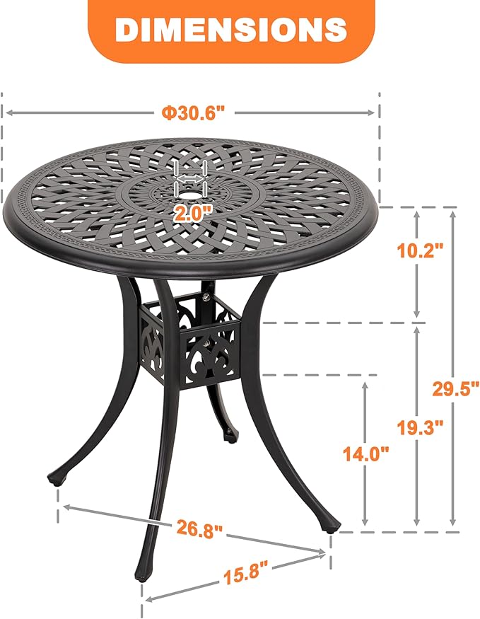 NUU GARDEN 30 Inch Patio Dining Table, Cast Aluminum Round Outdoor Table with Umbrella Hole for Patio, Backyard, Deck-Black