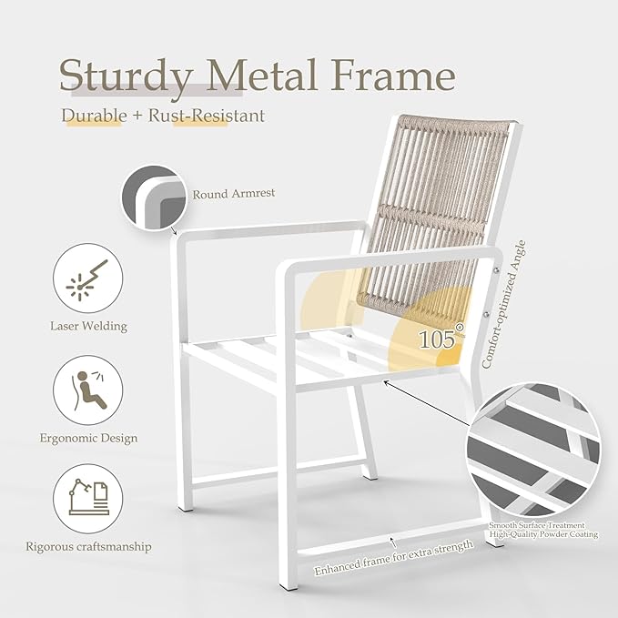 Outdoor Patio Wicker Rattan Dining Chairs, Heavy-Duty Wrought Iron Frame Supports 300lbs, Ergonomic Backrest, Detachable Breathable Cushion, for Garden & Porch, White, Set of 4