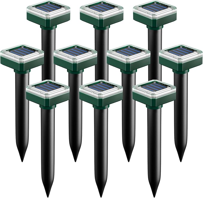 Mole Repellent Solar Powered 10 Pack, Ultrasonic Gopher Deterrent Stakes for Lawn & Garden, IP44 Waterproof Sonic Spike for Snake Vole Groundhog Chipmunk, Outdoor Pest Control for Yard Coverage