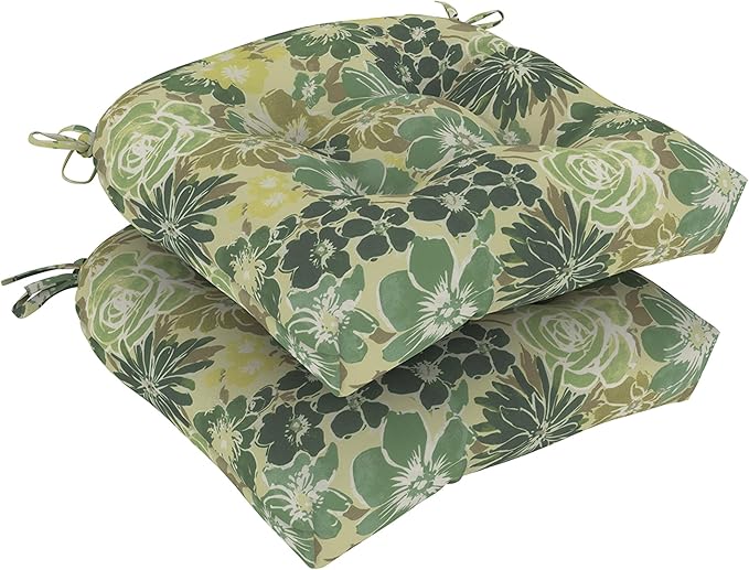 DYTXIII Set of 2 Outdoor Chair Cushions 19"x19"x4", Water Repellent Tufted Patio Seat Cushions with Ties, Thick Replacement Pads for Wicker Dining Chairs, Patio Furniture, Green Rose