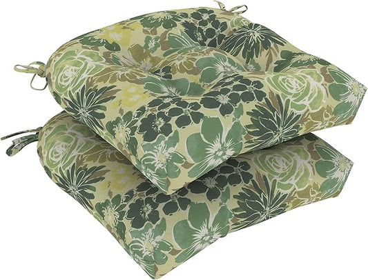 DYTXIII Set of 2 Outdoor Chair Cushions 19"x19"x4", Water Repellent Tufted Patio Seat Cushions with Ties, Thick Replacement Pads for Wicker Dining Chairs, Patio Furniture, Green Rose