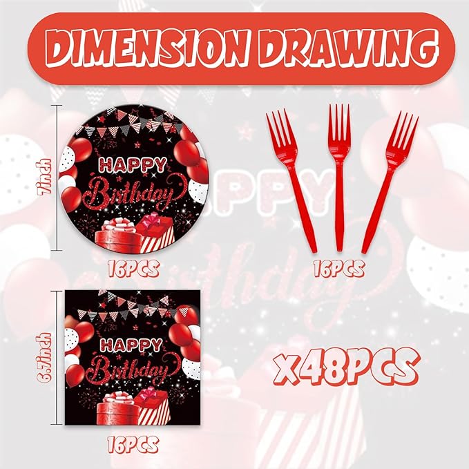 48Pcs Red and Black Birthday Decorations,Birthday Party Supplies Plates Napkins and Forks Set for Men Women，Serves 16