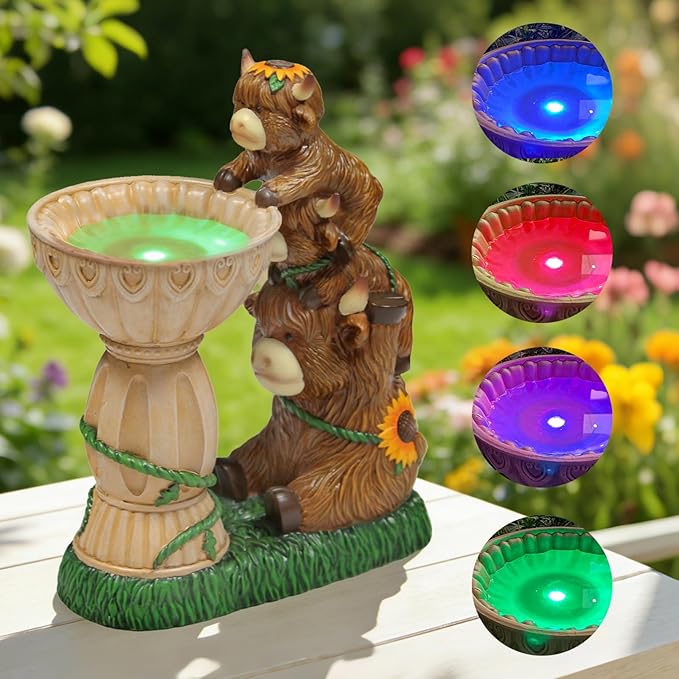 Sheaifun Solar Garden Statues Highland Cow Garden Decor Resin Highland Cow Statue with Bird Bath Feeder Light Animal Figurine Outdoor Yard Patio Lawn Decoration Gardening Gifts for Women 9.5 in