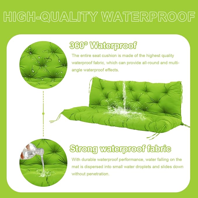 Extra Thick 5" Waterproof Porch Swing Cushions Outdoor 60 inch Swing Cushions 3 Seater Replacement with Backrest and Ties for Outdoor Furniture Patio Bench Garden (Green)