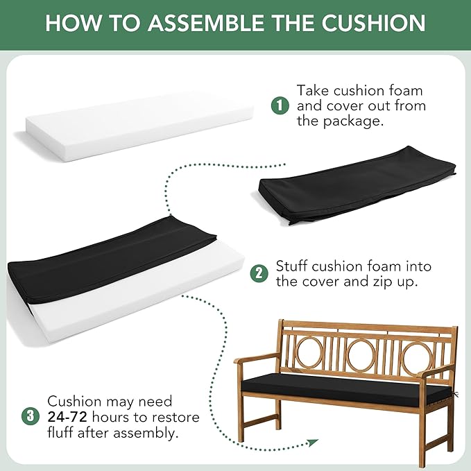 Summsun Outdoor Bench Cushion: Waterproof and Fade Resistant Patio Furniture Cushions - Non-Slip Bench Pad Cushion with Removable Cover for Garden Swing Porch Sofa Settee, 59 x 18 Inch, Black